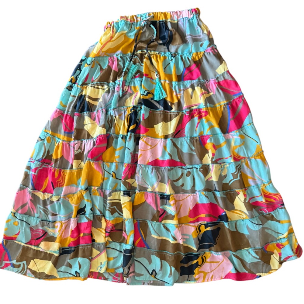 True Destinations Bohemian Resort Wear, Tiered Silky Tropical Gypsy Maxi Skirt S - Picture 2 of 7